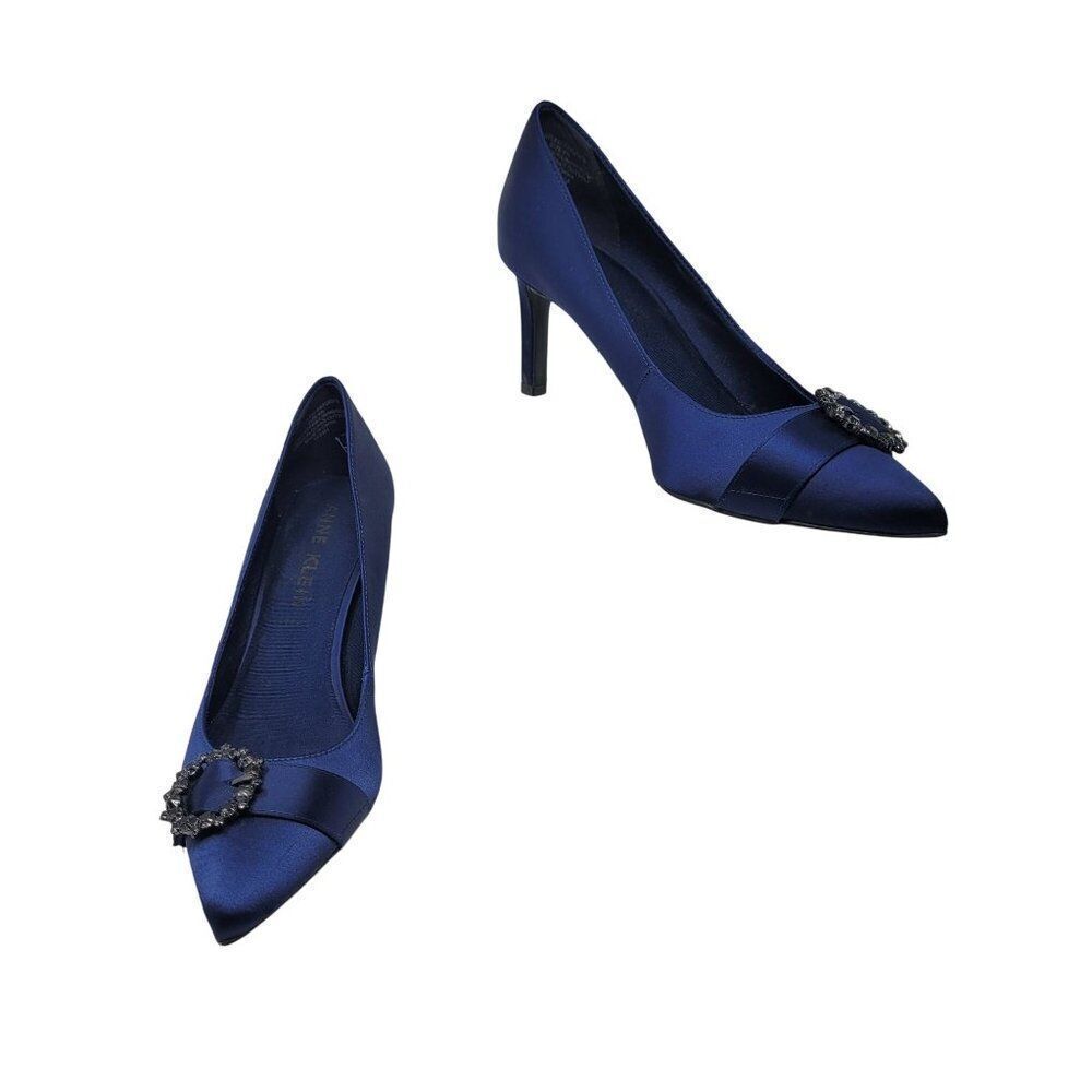 Anne Klein Womens Midnight Blue Satin Pointed-Toe 3" Heels Formal Buckle Sz 9.5